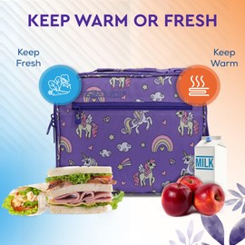 COOBUG Kids Lunch Bag Insulated Cooler - Insulated Cooler for Keeping Meals Fresh & On-The-Go - Leak-Proof, Spacious, and Durable Lunchbag - Perfect for School, Picnics, and Travel - Purple Unicorn