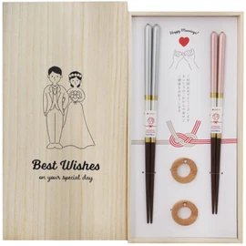 Ishida Dishwasher Safe Chopsticks with Paulownia Case, Chopsticks Rest, Champagne Pair, 23cm/21cm, Light Blue/Pink [63168]