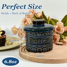 Butter Crock with Lid for Countertop，Ceramic French Butter Dish for Spreadable Soft Butter, Butter Container Holder with Water Seal, Housewarming Gift, Kitchen and Home Decor，Vintage Blue