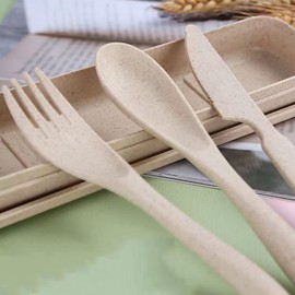 Juego de Utensilios de Viaje, Cubiertos de Paja de Trigo, Tenedor Reutilizable, Cuchara, Cuchillo a Prueba de Arañazos con Caja para Picnic para la Es
