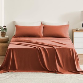 TOSMO 100% French Linen Sheets Set, Breathable and Durable Linen Flax Bedding 3 Pcs Set for Hot Sleepers - 1 Flat Sheet, 1 Fitted Sheet, 1 Pillowcases - (Terracotta, Twin)
