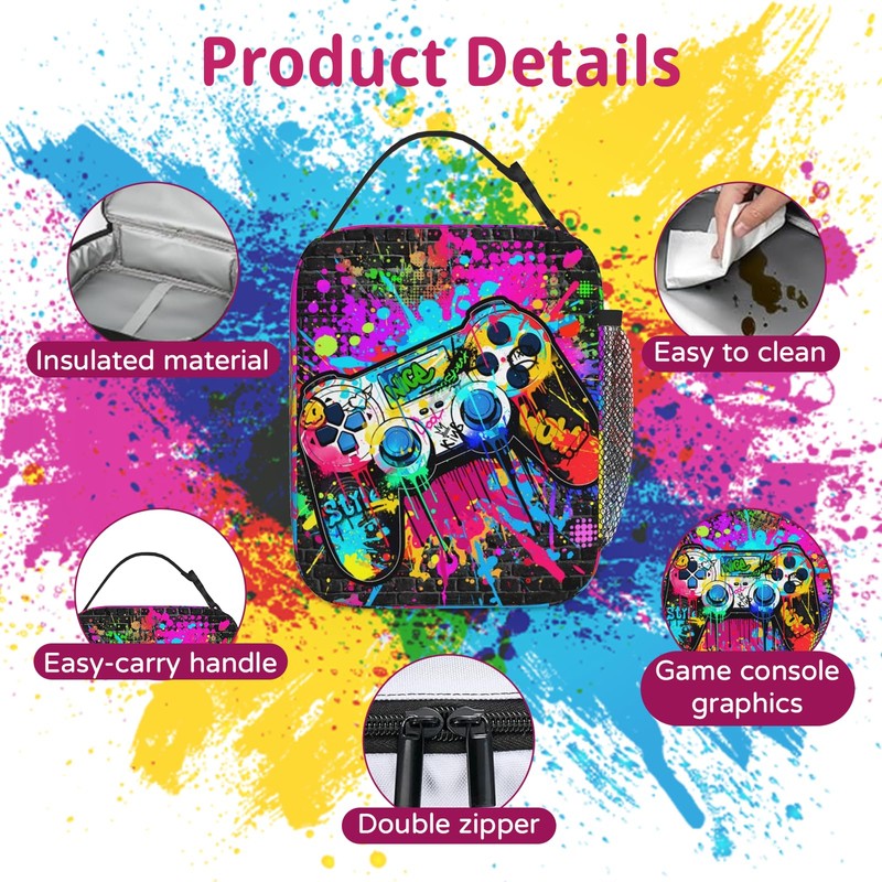 Game Boys Lunch Bag, Graffiti Style Kids Lunch Box, Reusable