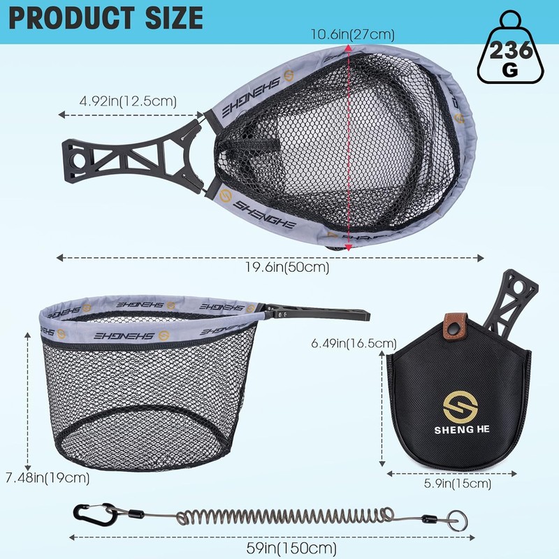 Red de pesca con mosca THKFISH plegable con mango ABS