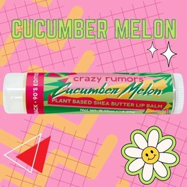 Crazy Rumors Throwback 90's Lip Balm mix set. Natural and Vegan lip balm sticks in nostaligic1990's themed flavours! (Cucumber Melon, Blue Razzberry, Kiwi Strawberry, Orange Pop!)