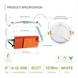 ASD 1 Pack LED Recessed Emergency Light 6 Inch with 90 Mins Battery Backup, Wafer Round Ceiling Lighting 9W/12W/15W, 120V Triac Dimmable 5 CCT 2700K-5000K Ultra Slim Lights, ETL Energy Star White