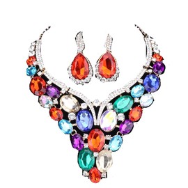 Women Bridal Rhinestone Crystal Statement Necklace Earring Wedding Dress Jewelry Sets (Colorful)