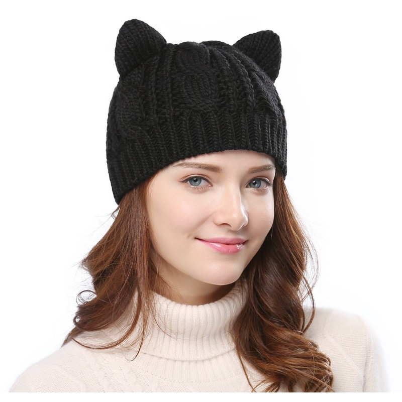 Women's Hat Cat Ear Crochet Braided Knit Caps,Black