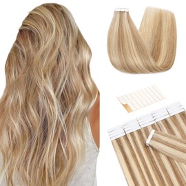 TESS Tape Hair Extensions- 18 Inch 25g/ Pack, Blonde Tape in Hair Extensions Human Hair- 10 PCS Tape Hair Extensions- (Golden Brown & Bleach Blonde, 2.5g/pcs)