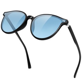 KANASTAL Light Blue Sunglasses Polarised Womens Mens Round Retro Ladies Vintage Female Trendy Driving Outdoor Summer Casual UV400 - Black Frame Transparent Blue Tinted Lens