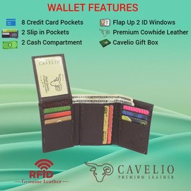Cavelio RFID Blocking Trifold Cowhide Leather Wallet for Men with Flap Up ID Holder (Brown)