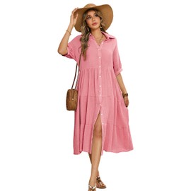 R.Vivimos Women's Summer Cotton Half Sleeves Button Down Casual Loose Slit Midi Dress with Pockets (X-Large, Pink)