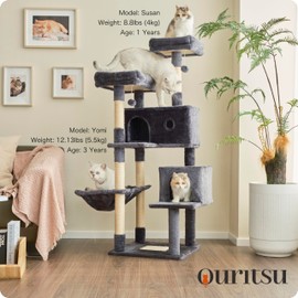 Ouritsu Cat Tree, 57 inch Cat Tower for Large Cat Indoor, 2 Top Perches with 1 Widened, 2 Condos with 1 Enlarged, Steel Frame Hammock, Scratching Posts and Scratching Pad, Dark Gray, LF003DG