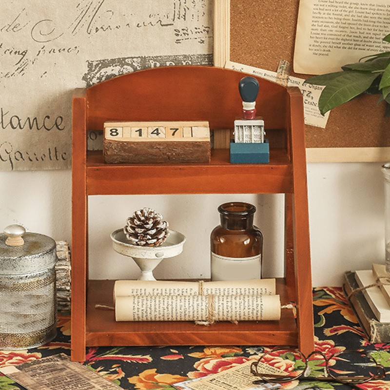 Desktop Organizer Retro Aesthetic Office Storage Rack Home Decor Wood