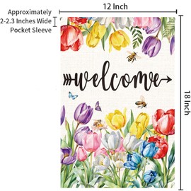 Spring Summer Floral Welcome Garden Flag Easter Tulip Welcome House Flag Double Sided Bee butterfly Farmhouse Yard Outdoor Flag Seasonal Welcome Yard Outdoor Flag Outdoor Decoration 12 x 18 Inch