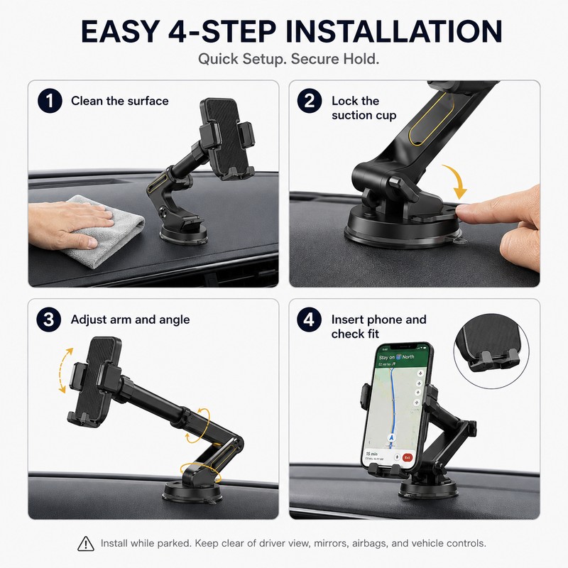 Long-Arm Car Phone Holder with Suction Cup – 16.9-Inch Adjustable