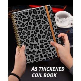 Ruled Spiral Writing Notebook,A5 Hardcover Lined College Journal for Women Lady Girl,Strong Twin-Wire Binding with Premium Paper,8.4" X 6",Perfect for School,Office,Home Gifts(black and gray leopard)