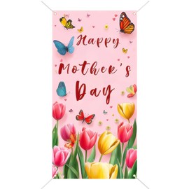 BlissYard Happy Mother's Day Door Cover Banner 71x35 Inch Tulips Floral Heart Hanging Background Butterflies Backdrop Queen Women's Day Mothers Day Party Decorations Supplies 71 x 35 Inch