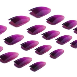 Gradient Press on Nails Short Almond Fake Nails Purple Glossy Stick on False Nails French Tip Acrylic Nails with Glue Reusable Artificial Nails for Women and Girls DIY Manicure 24PCS