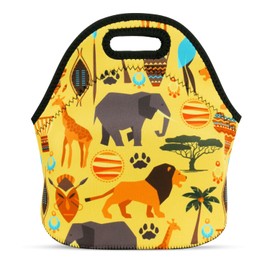 JIMOWANG Cute Africa Animals Neoprene Lunch Bag Reusable Lunch Box Insulated Lunch Bags Tote Cartoon Thermal Picnic Waterproof Lunch Handbag