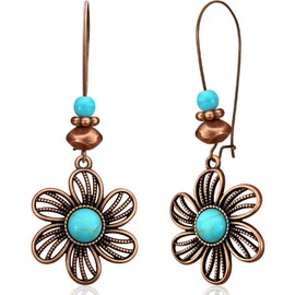 JOONL Bohemian Vintage Copper Hollow Flower Turquoise Dangle Drop Earrings Retro Tassel Floral Leverback Earrings For Women (Flower)