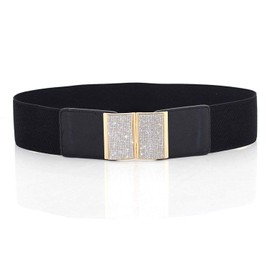 WedDecor 65mm Women Black Elasticated Waist Belt With Gold Buckle, Silver Rhinestone Diamante For Casual, Formal, Western Outfits, Fashion Accessory, Adjustable and Stretchable