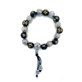 black and silver elastic bracelet bead mala Buddhist meditation letter scripture
