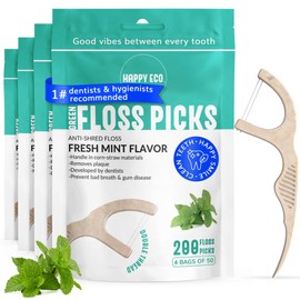 Dental Floss Picks (200pcs) - Flossers for Adults, Vegan Corn-Straw Handle, Superior Oral Care & Anti-Shred Thread, Dental Hygiene, Tooth Pick Sticks, Teeth & Gum Health (Mint, Double Thread)