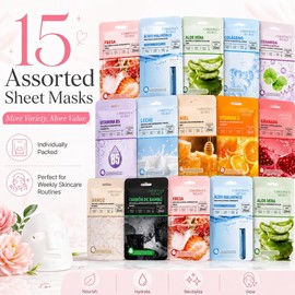 Mascarillas Faciales Coreanas Surtidas – Pack de 15 Piezas Hidratantes con Extractos Naturales – Skincare Coreano K-Beauty para Cuidado del Rostro