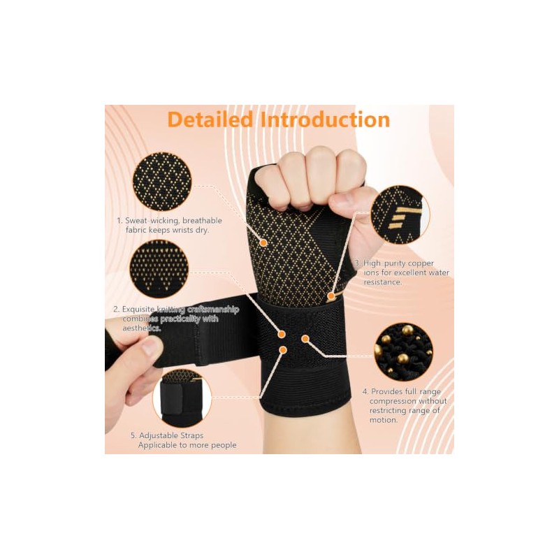 Beugo 2 Pack Wrist Support Sleeve, Copper Wrist Supports, M