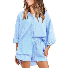 EXLURA Women's Summer 2 Piece Sets Long Sleeve Button Down Shirts Matching Short Sets Beach Vacation Cruise Outfits 2025