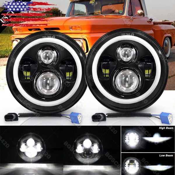 Unbranded Pair Black 7" Round LED Headlights Hi/Lo Beam Bulb