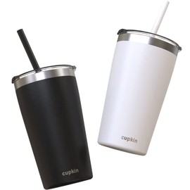 Cupkin Toddler Tumblers - The Original 12 oz Stackable Stainless Steel Cups - Set of 2 Powder Coated Insulated Kids Water Bottle Alternative + BPA Free Lids + Reusable Silicone Straws (Black + White)