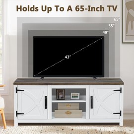 Vaczon TV Stand for 65 Inch TVs, Farmhouse Entertainment Center with Storage Cabinets and Open Shelf, Rustic TV Stands for Living Room, Cabinet Media Console Table for Bedroom, Office, White