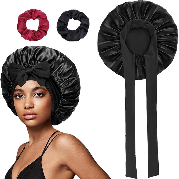 Schlafhaube Seide, Seidenhaube zum Schlafen, mit 2er Haargummis, Nacht Haarhaube