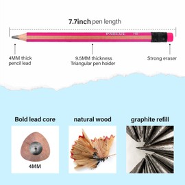 PABLUE Fat, Thick, Strong Triangular Presharpened 2B Pencils, Jumbo Wood Pencils with Eraser for Beginners, Writing, Drawing, Kids, Art, Sketching and Shading(Black, 6 Count)