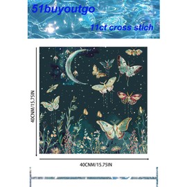51buyoutgo Moth 11ct Cross Stitch, 11 Count Counted Stamped Pre Printed Cross Stitch Embroidery Kits for Adults Beginners Starter Advanced Easy Crossstitch Butterflies Patterns Set 40x40 cm