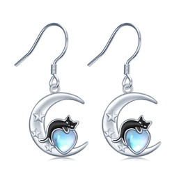 Black Cat Earrings Sterling Silver Cat Moonstone Dangle Earrings Animal Jewelry for Girls Women Daughter Granddaughter