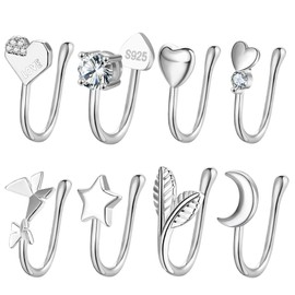 JDXN 925 Sterling Silver Cubic Zirconia Fake Nose Ring 8PCS Clip Earrings Nose Cuffs Faux Clip on Nose Ring for Non Pierced Nose For Women Men, N A, Cubic Zirconia
