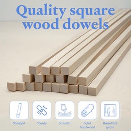 Square Wood Dowel Rod 48" x 1/2" Pack of 25 Square Wooden Dowel Sticks for Crafts and DIY Birch Hardwood by Woodpeckers
