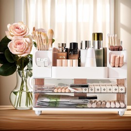 Makeup Organizer with 2 Drawers, Cosmetic Display Case, Storage Holder for Vanity, Bathroom Counter, Desk, Beauty Supplies (Green)