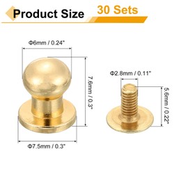 QUARKZMAN 30 pieces 6 mm Chicago screws book screws set, round head buttons, leather craft, screw rivets, post closure for DIY decoration, handbag, shoes, belt repair, light gold