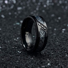 King Will GEM 8mm Black Fiber Paper with Zircon Inlay Titanium Ring Celtic Dragon Comfort Fit Wedding Band 8