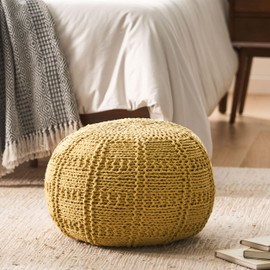 Modern Handcrafted Knit Pouf, 20" Round Footrest & Decorative Seating, Cozy Accent for Living Room, Nursery & Bedroom, Functional Home Decor, Comfortable & Versatile Pouf Yellow, Soft Cotton Weave