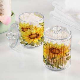 ALAZA 2 Pack Qtip Holder Sunflower Bouquet, Cotton Swab Dispenser with Lid Bathroom Containers Canister Organizer Storage Jar
