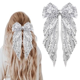 Silver Sequin Bow Hair Ribbon Clips for Women Glittering Bows Bow-Knot Hair Barrette Hairpin Disco Sparkling Hair Bow Clips Headwear for Party Ball Bow Hair Accessories