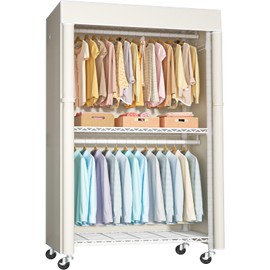 FUTASSI White Clothing Rack with Beige Cover, P1C Rolling Closets with Wheels, Metal Garment Rack for Hanging Clothes, Clothing Storage Wardrobe, 36.2" W x 16.5" D x 80.5" H, Load 450 Pounds