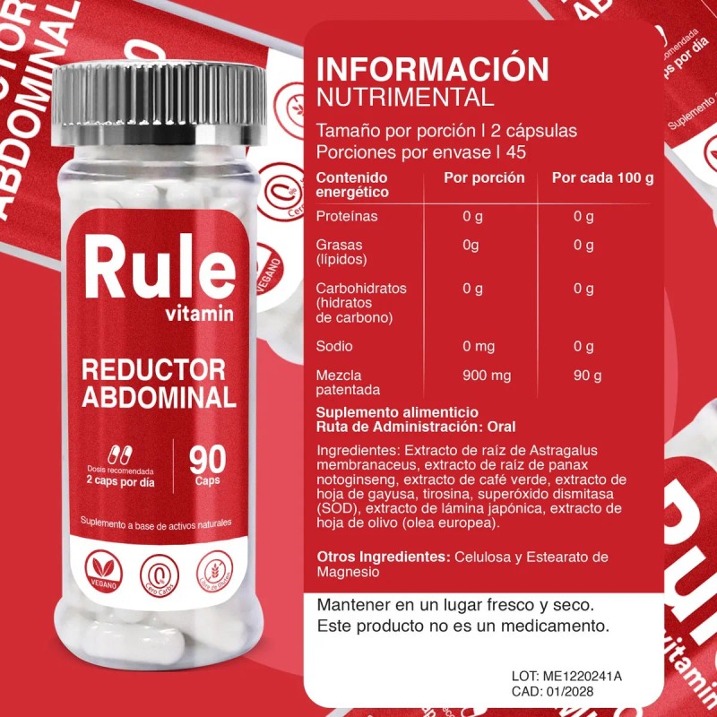 Suplemento Natural Reductor Abdominal Cápsulas Rule1 - 90pzs Sin Sabor