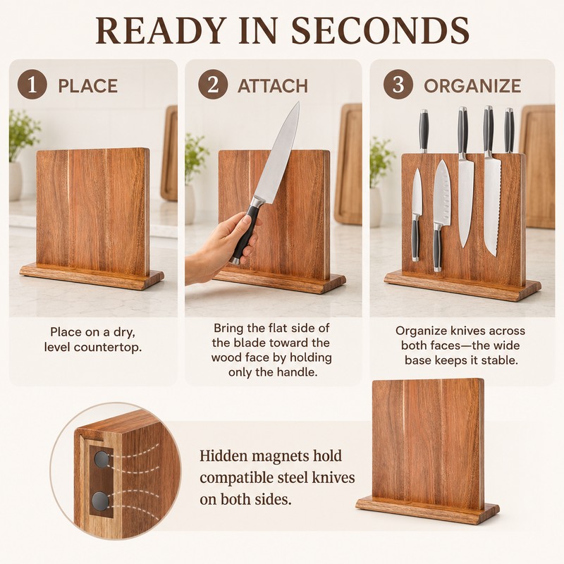 Acacia Wood Magnetic Knife Holder Stand for Kitchen Countertop