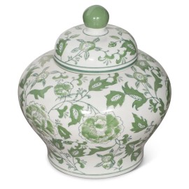 China Furniture and Arts US SELLER - Green and White Flower Motif Oriental Porcelain Tea Jar