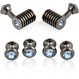 Cuff-Daddy Gunmetal Light Blue Sapphire Barrel Crystal Cufflinks and Studs Formal Set with Jewelry Presentation Box Storage Travel Special Occasions